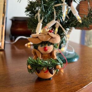 Vintage Steinbach Woodland Elf Ornament with Greenery, pinecones, mushrooms